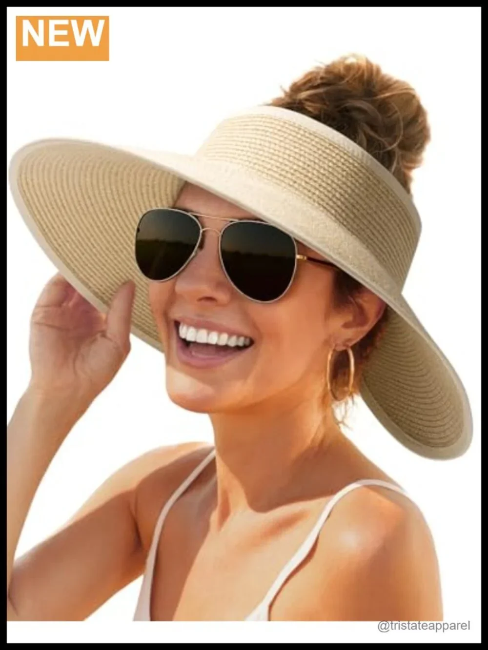 Wide Brim Straw Visor Sun Hat with Ponytail Hole